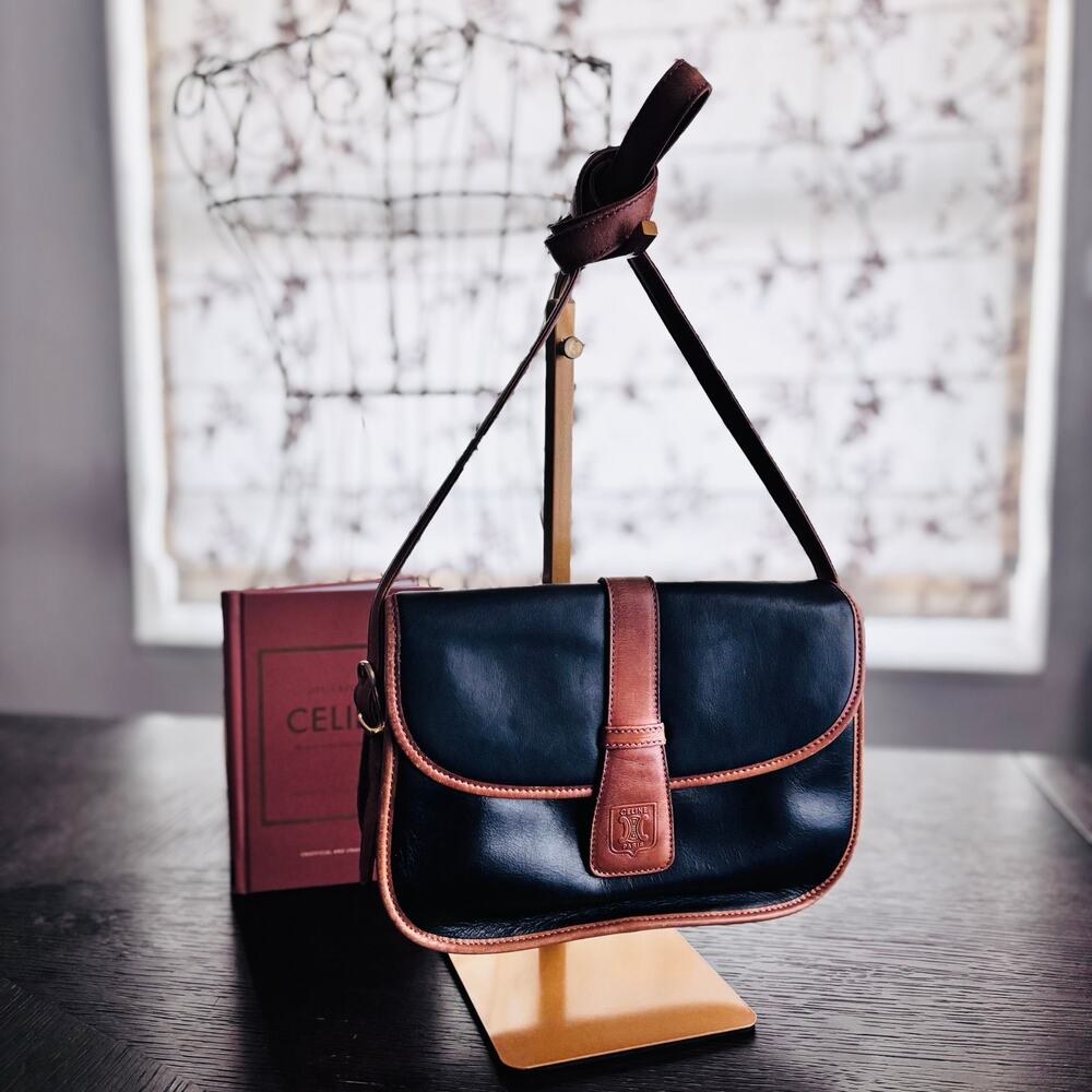 Vintage Celine Paris Blason Black Leather Shoulder Bag Tan Trim Made in Italy - Picture 3 of 16